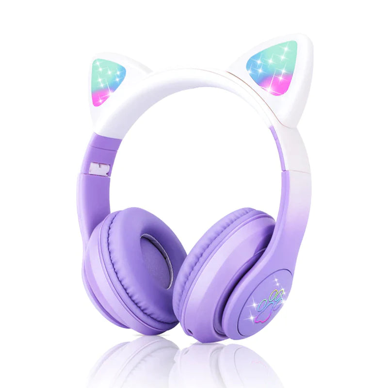 Wireless Cat Ear Headphones with Microphone and LED Lights - Bluetooth Stereo Headset for Kids and Gamers