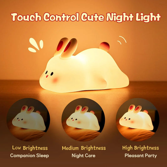 LED Touch Sensor Night Light - Cartoon Rabbit Silicone Bedside Lamp for Children's Room Decor and Gift Giving