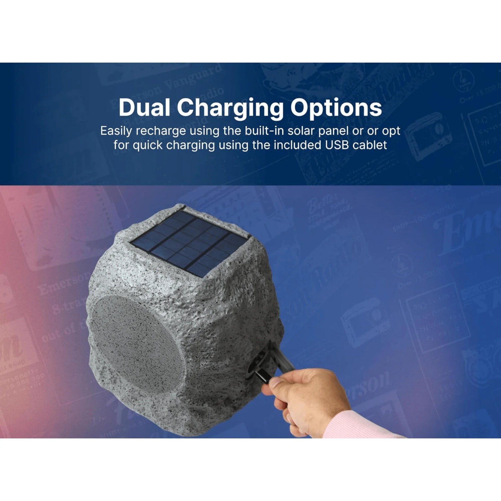 Emerson Outdoor Solar Bluetooth Speaker with Rock Design