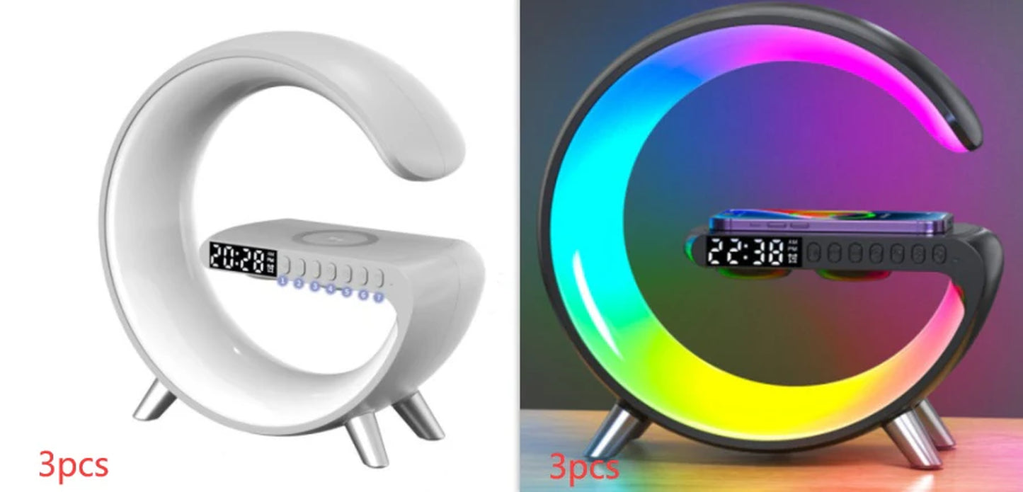 3-in-1 G-Shaped Smart LED Lamp – Wireless Charging Dock, Bluetooth Speaker & Ambient Light