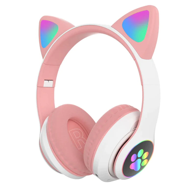 Wireless Cat Ear Headphones with Microphone and LED Lights - Bluetooth Stereo Headset for Kids and Gamers