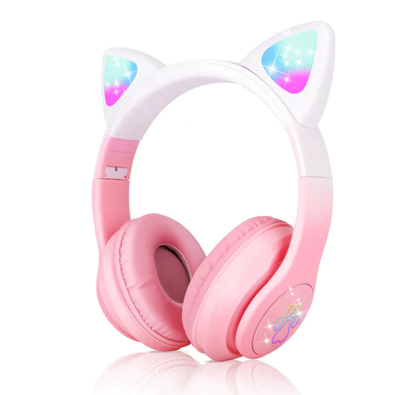 Wireless Cat Ear Headphones with Microphone and LED Lights - Bluetooth Stereo Headset for Kids and Gamers