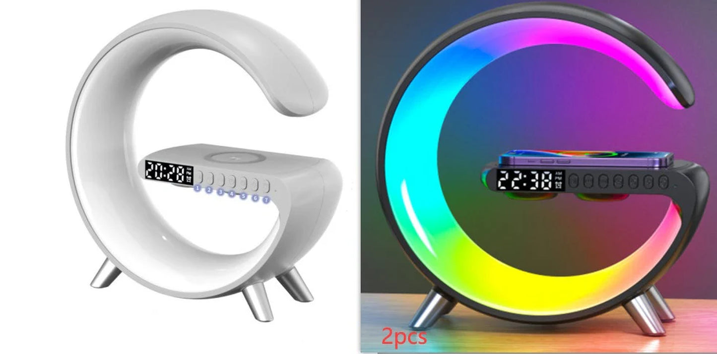 3-in-1 G-Shaped Smart LED Lamp – Wireless Charging Dock, Bluetooth Speaker & Ambient Light