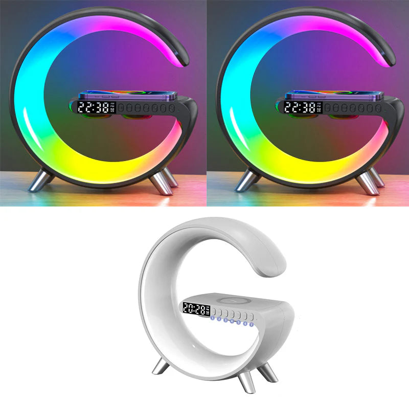 3-in-1 G-Shaped Smart LED Lamp – Wireless Charging Dock, Bluetooth Speaker & Ambient Light