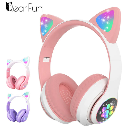 Wireless Cat Ear Headphones with Microphone and LED Lights - Bluetooth Stereo Headset for Kids and Gamers