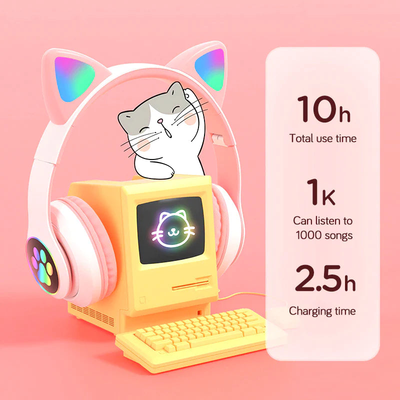 Wireless Cat Ear Headphones with Microphone and LED Lights - Bluetooth Stereo Headset for Kids and Gamers