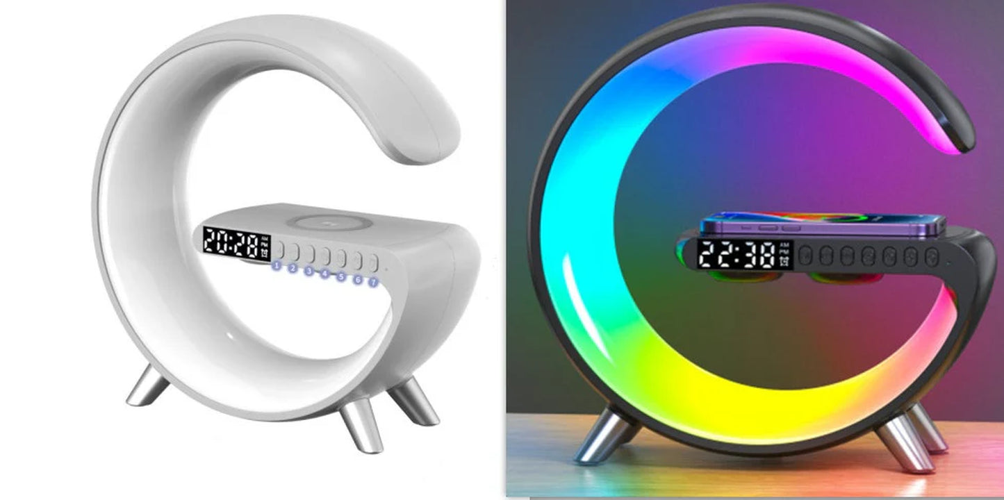 3-in-1 G-Shaped Smart LED Lamp – Wireless Charging Dock, Bluetooth Speaker & Ambient Light